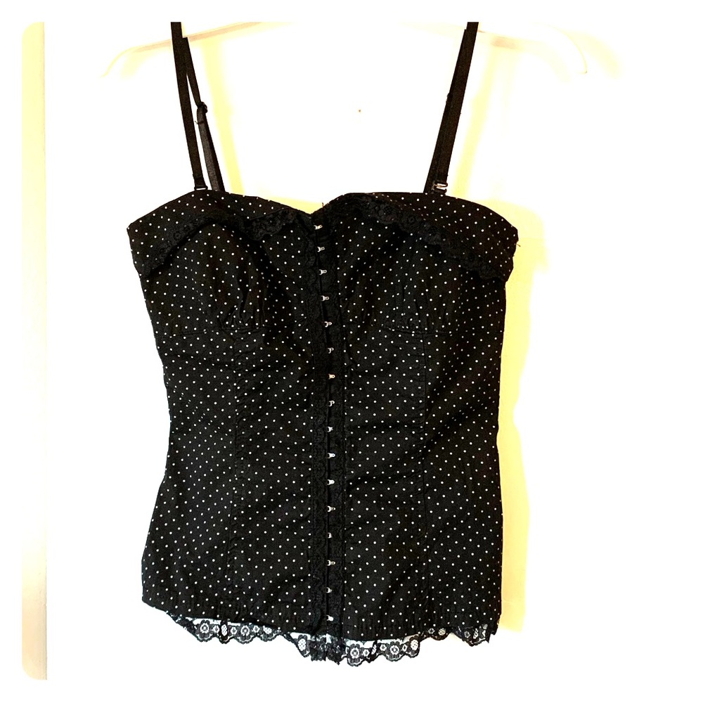 Polka dot bodice top. Convertible to strapless.